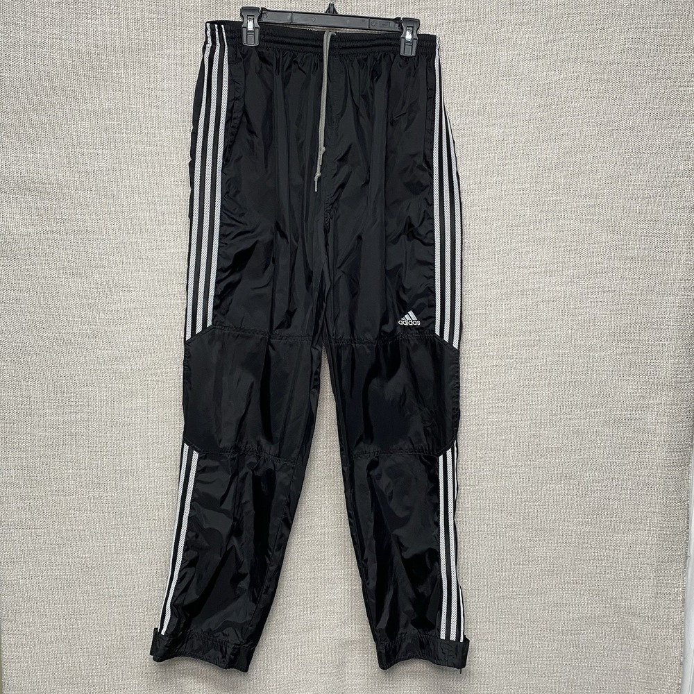 Y2K Adidas Track Pants Mens XL Warm Up Windbreaker Nylon Reinforced Knees Black